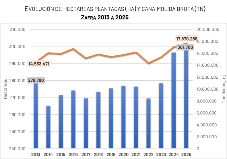 * Evolución de hectáreas plantadas (HA) y caña molida bruta (TN). Zafra 2013 a 2025. Elaboración propia, con datos informados al IPAAT. * Evolución de hectáreas plantadas (HA) y caña molida bruta (TN). Zafra 2013 a 2025. Elaboración propia, con datos informados al IPAAT.
